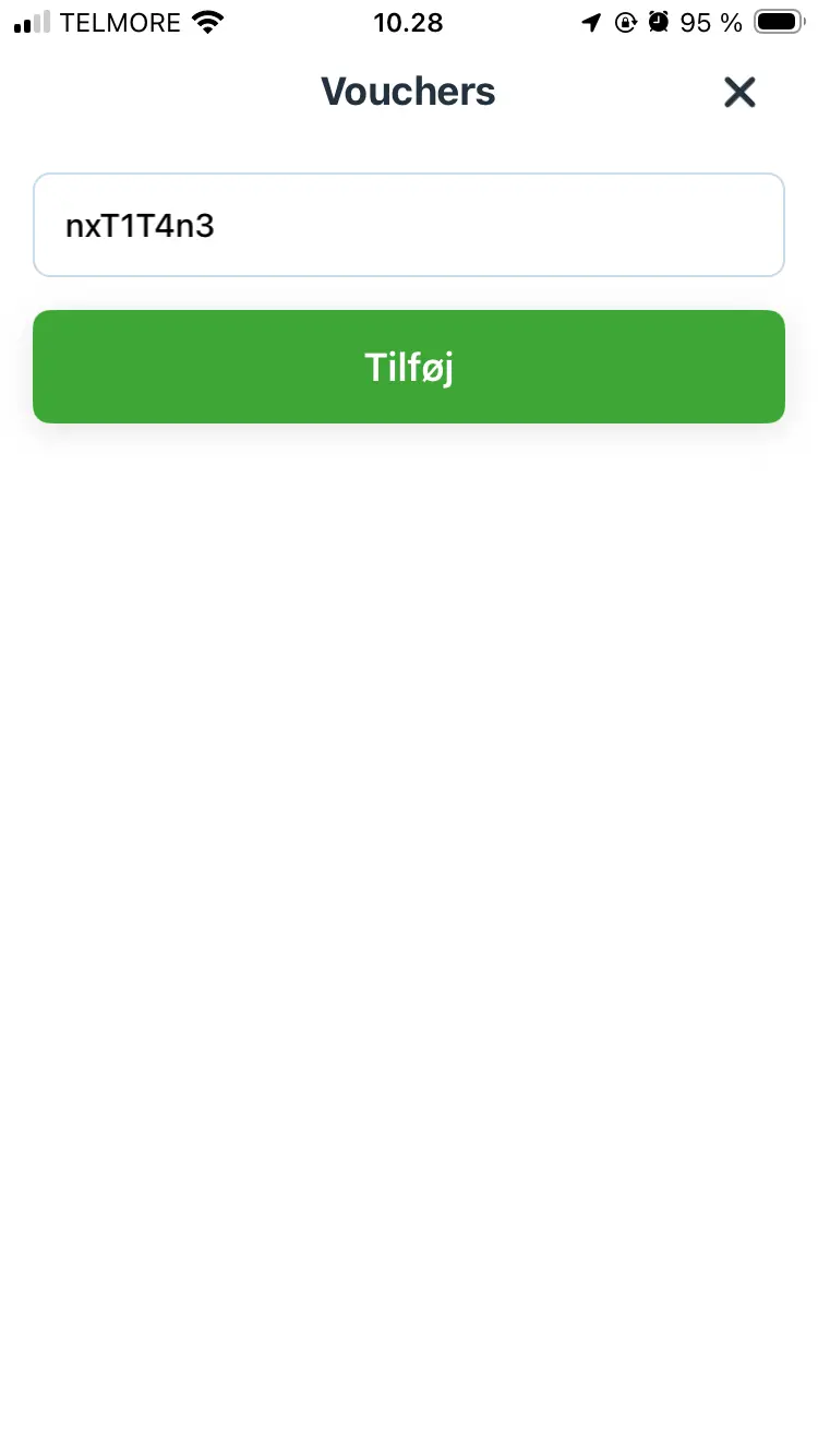 GreenMobility-appen med Vouchers-feltet, hvor rabatkoden nxT1T4n3 er indtastet